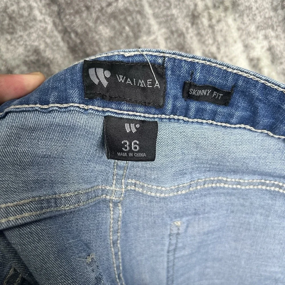 Waimea Moto Skinny Fit Jeans Men's 36x32 Blue Acid Wash Y2K Writing‎ Graffiti